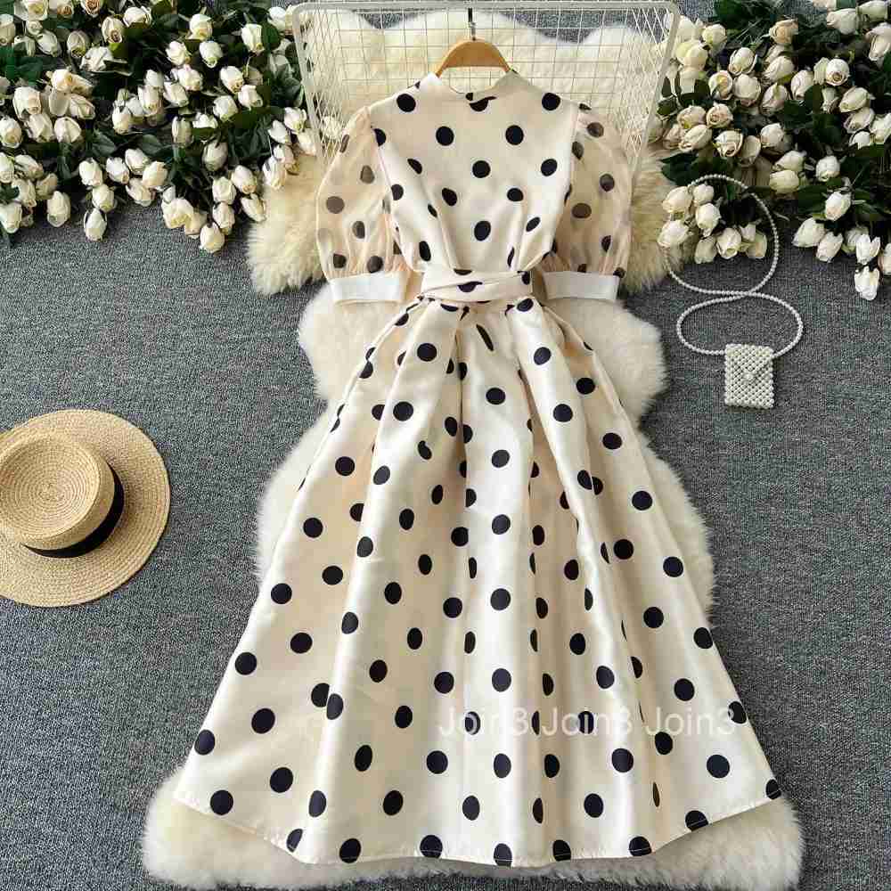 Vintage Elegant Pleated Bandage Short Sleeve Dot Dress A-line Fashion Spring summer Beach Vestidos Women Dresses