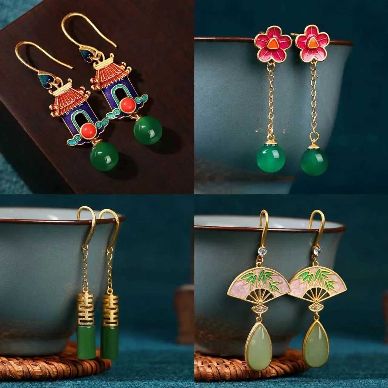 Ethnic Chinese Green Jade Earrings for Women Painted Enamel Hollow Design Luxury Jewelry Water Drop Shaped Pendant Retro Gifts Y250805