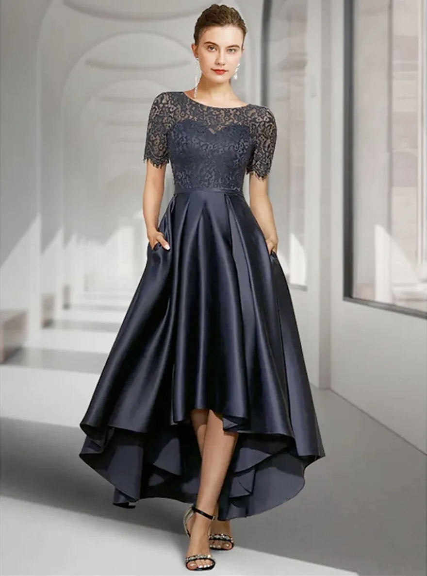 Elegant High Low Mother of the Bride Dresses Dark Navy A-Line Wedding Guest Dress Vintage Jewel Lace Satin Short Sleeve Groom Mom Prom Evening Gowns