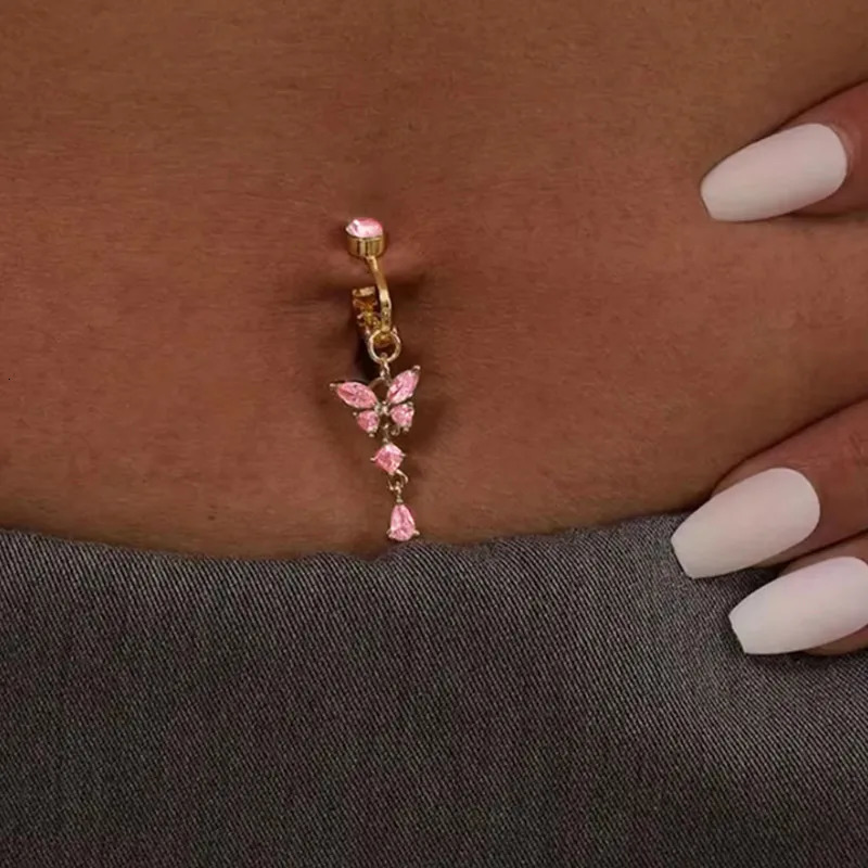 Clip On Belly Button Ring Butterfly Copper Zircon Pink Belly Piercing Umbilical Navel Body Jewelry Trendy Fashion Style 250805