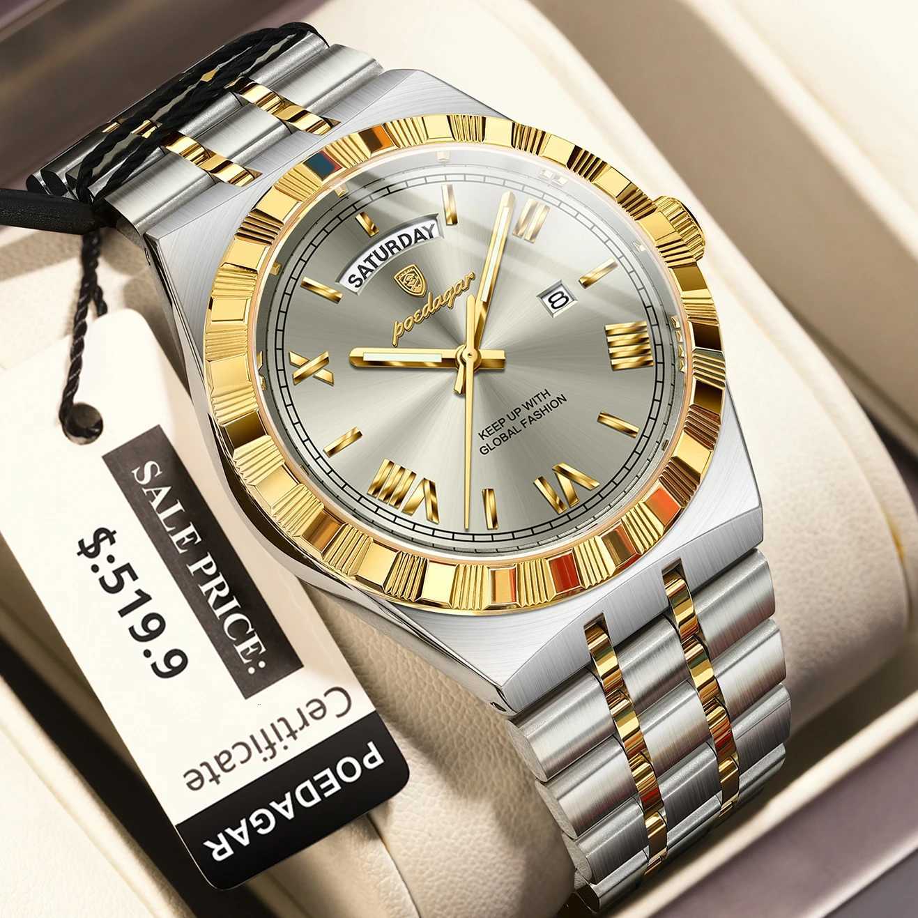 POEDAGAR Luxury Business Mens Week Date Waterproof Luminous Watch for Men Stainless Steel Quartz Mens Fashion Wrist W250806