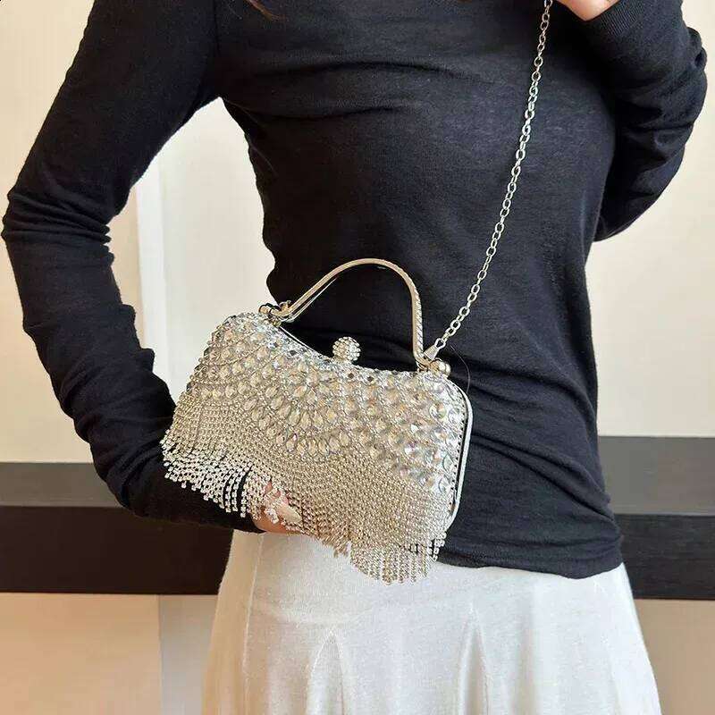 Gold Evening Clutch For Women Dia Party Purse Handbag Fashion Tassel Shoulder Crossbody Box Lipstick Bag 240823