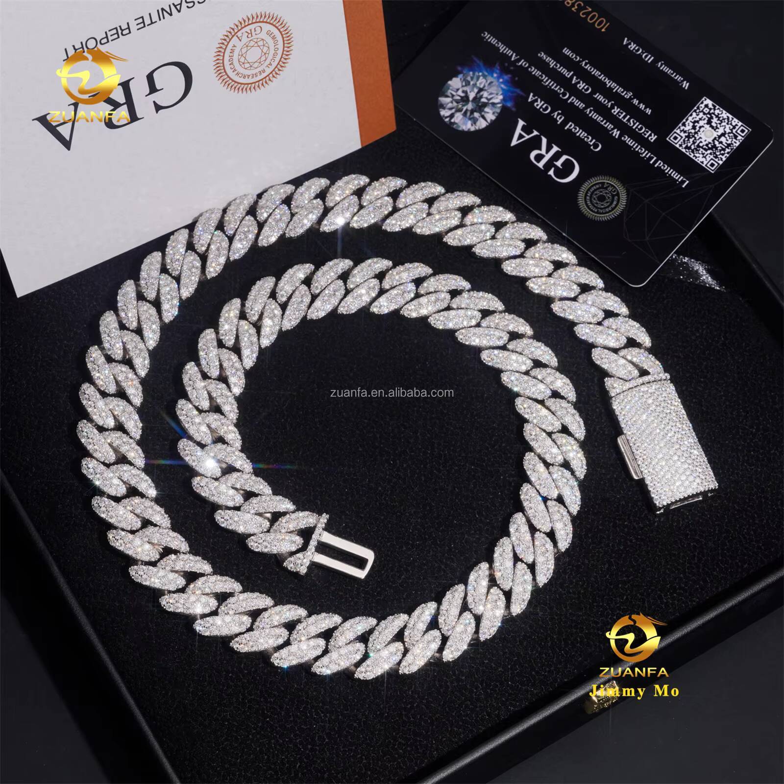 Customized Luxury Rapper Jewelry 16mm Prong Setting GRA 925 Silver Iced Out Hip Hop Moissanite Diamond Miami Cuban Link Chain