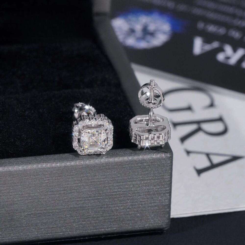 New Stocks Men Women D Color VVS Asscher Cut Moissanite Stud Fashion Jewelry Sier Hip Hop Earrings