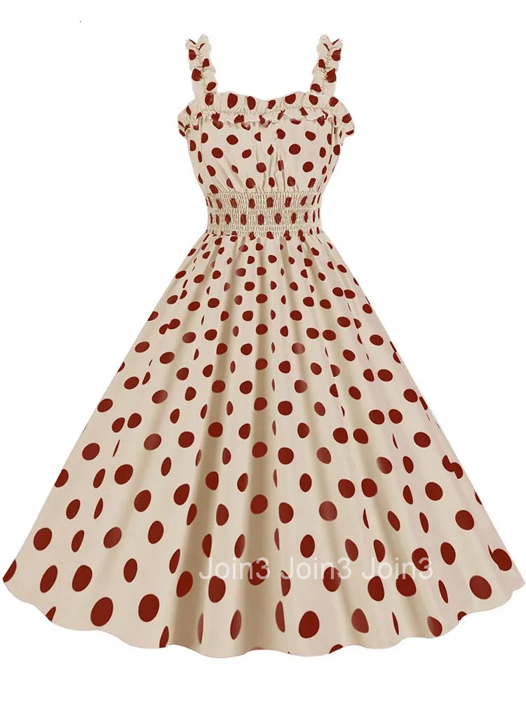 Spaghetti Strap Vintage Women Summer Dresses Casual Ruched Pink Dot Print A Line 50s Elegant Evening Party Midi Dress
