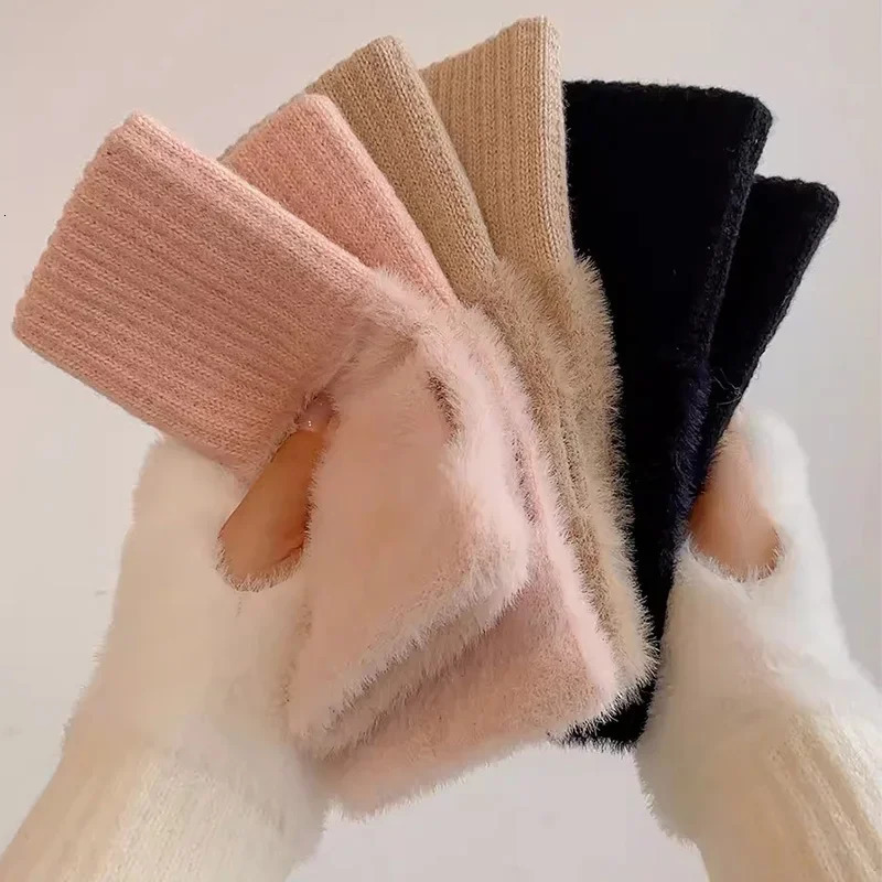 Mink Fleece Soft Winter Half Finger Gloves Women Warm Solid White Plush Knitted Fingerless Gloves Wrist Mittens Writting 250806