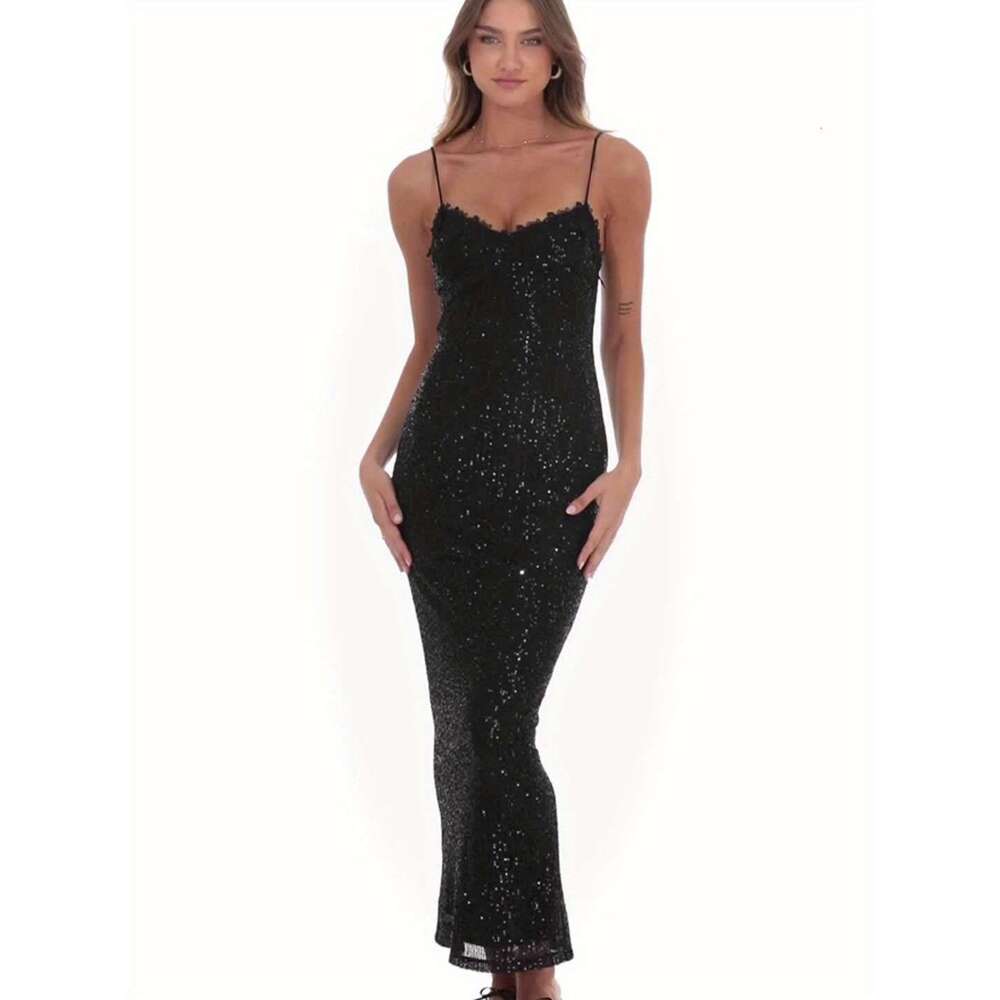 French Style Black Sequin Strap for Women, High-End Bodycon Birthday Party Annual Meeting Short Dress Long Skirt