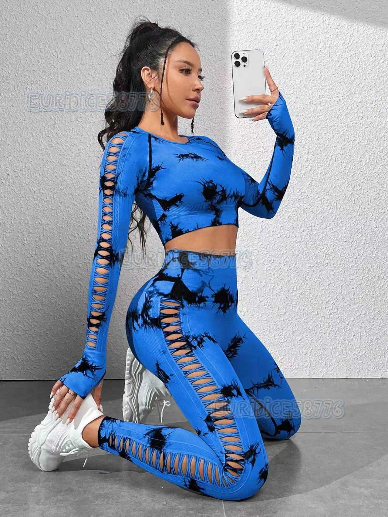 Side Hollow Out Short Sleeve Shorts Long Sleeve Long Pants Tie Dye 4-piece Set Women Outdoor Sports Fitness Yoga Outfit H250806