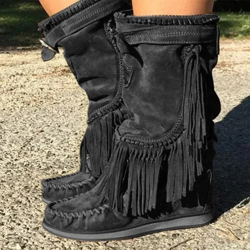 Pirate Boots Woman Pleated Tassel Mid-calf Boots Womens Sewing Footwear Buckle Leather High Heels Shoes Female Plus Size Zip 250805