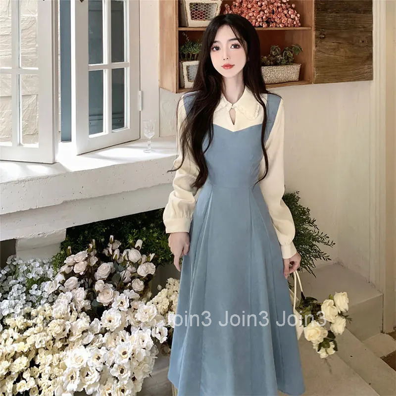 Solid Patchwork Square Neck Long Sleeve Fake Two Pieces Dresses Elegant Fashion Harajuku Female Clothes Casual All Match Skirt