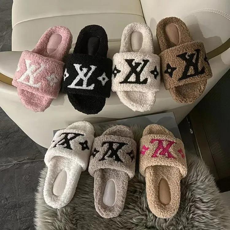 2025 new designer shoes for womens flat slippers white black grey brown beige pink New thick soled hairy shoes for women fashionable cotton