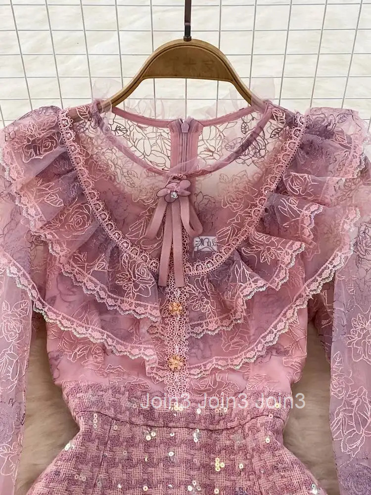 Autumn Luxury Flower Embroidery Mesh Patchwork Sequined Tweed Dress Women Ruffled Petal Sleeve Bow A Line Short Party Dresses