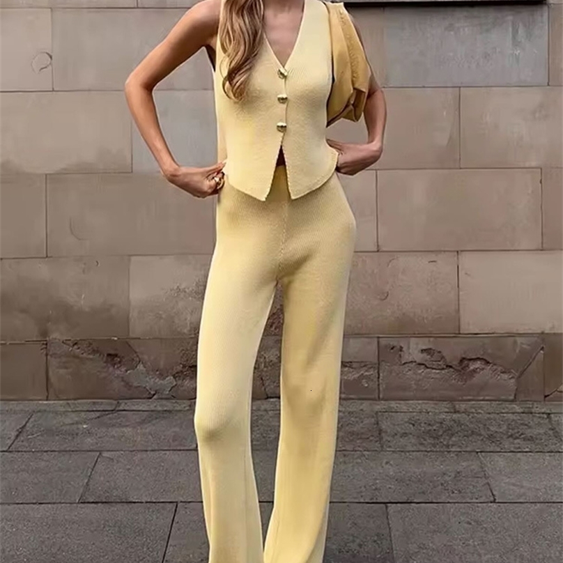 Trendix Knit Pant Sets Women V Neck Sleeveless Tank Tops Vacation Casual 2PCS Solid High Waist Elegant Pant Knitwear Vest Sets 250709