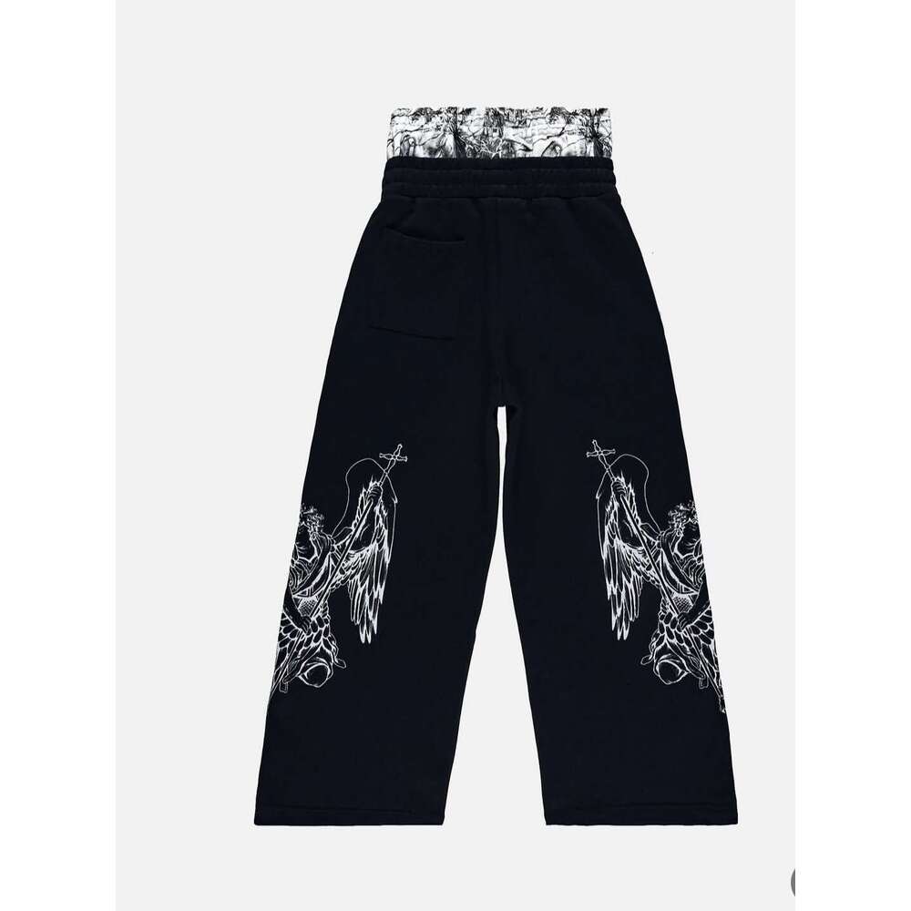 Fake Two-Piece Double Waistband Sweatpants Unisex Trendy Brand Hip-Hop Loose Casual Long Pants