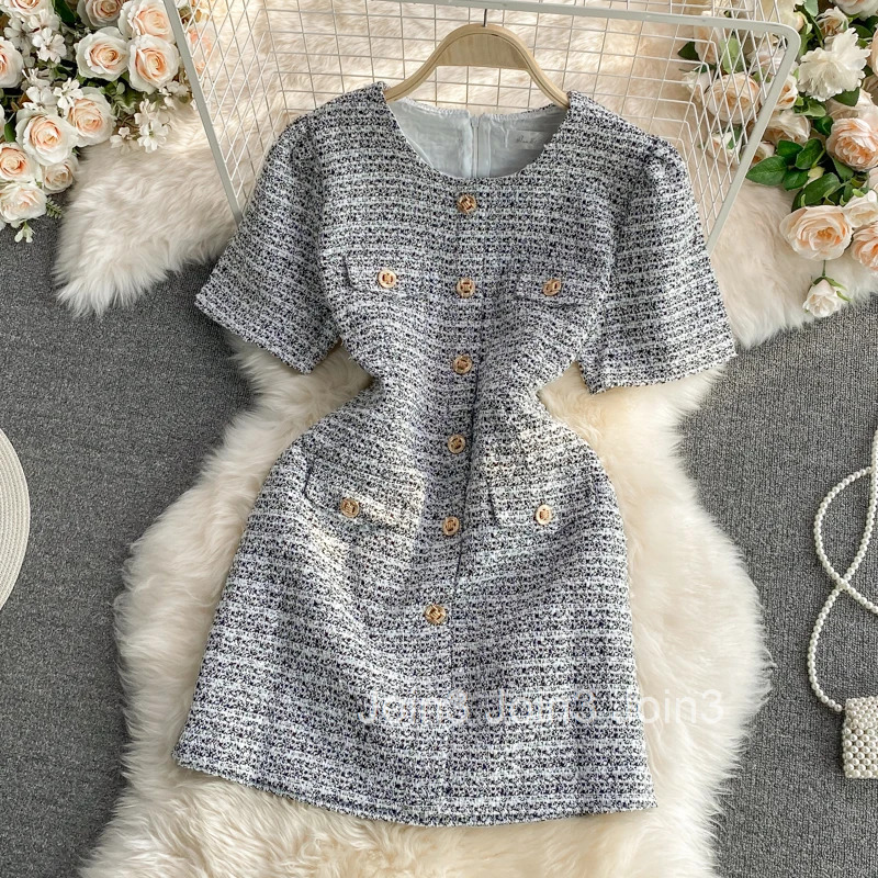 Ele Korean Sle round Ne Single Button Tweed ort Sve Dr Ladylike Faionable Midi Skirt A-Line Silhouette