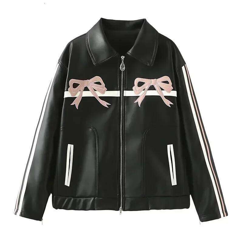 Zekye Women's Autumn Winter Vintage Faux Leather Coat Fashion Lapel Collar Bow Zipper Overcoat Women Jacket
