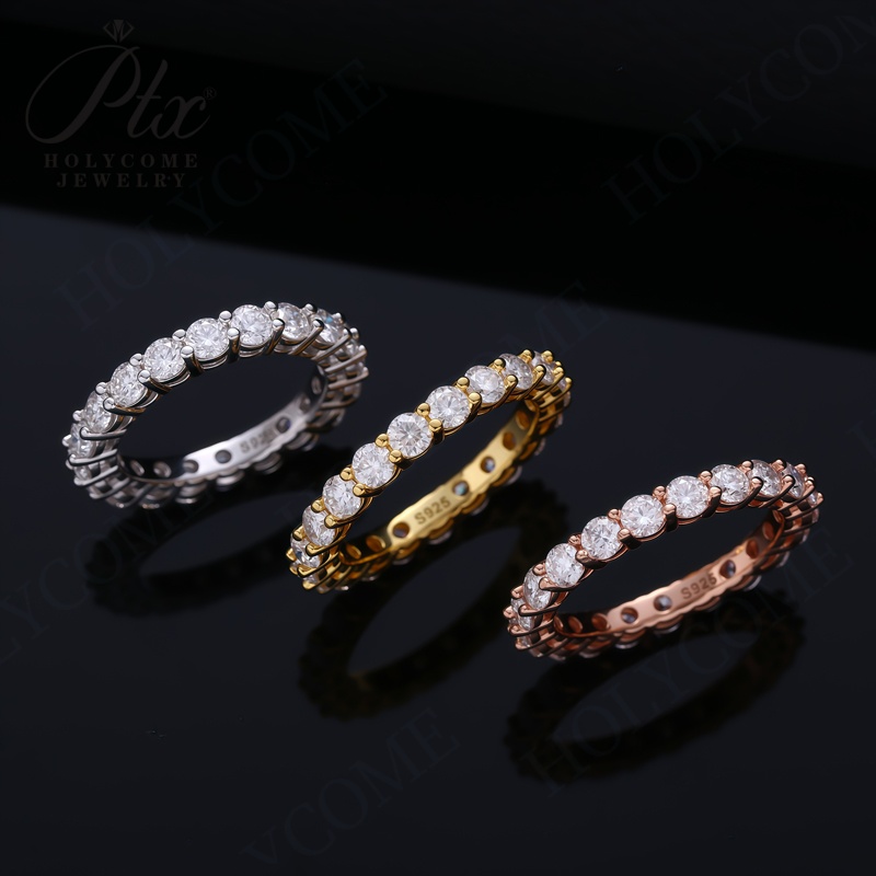 Fashion 3mm D Color Full Moissanite Row Rings For Women S925 Sterling Silver Eternity Bands Gold Plated Sparkling Wedding Rings Fine Jewelry