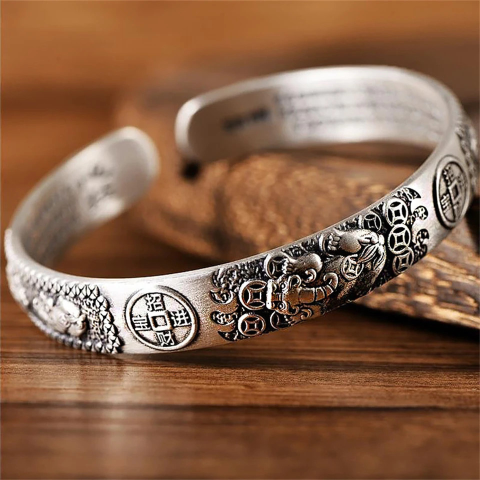 Premium Silver Color Bangles for Men Ethnic Style Vintage Simple and Domineering Opening Jewelry 250805