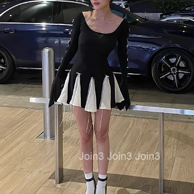 Black Mini Dress For Women Autumn Patchwork Fashion Flare Sleeve Bandage Sexy O-Neck A-LINE Dress Casual Club Elegant Partywear