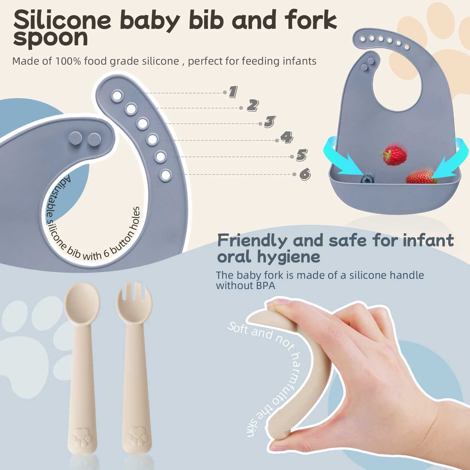 4PC/1Set Baby Feeding Tableware Set Silicone Shallow Tray With Suction Cup Baby Silicone Spoon Fork Silicone Infant Bib X250806