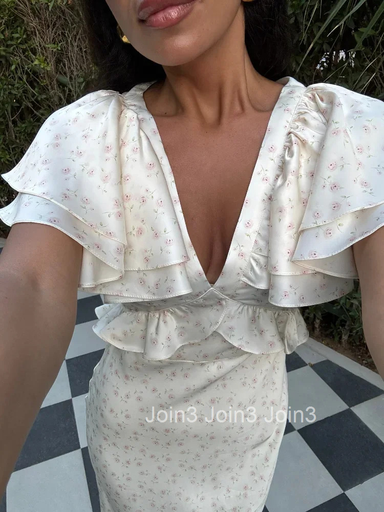Elegant Floral Printed Ruffle Hem Dress Womens Chic V-neck High Waist Slim Fit Long Dresses Summer Holiday Vestidos