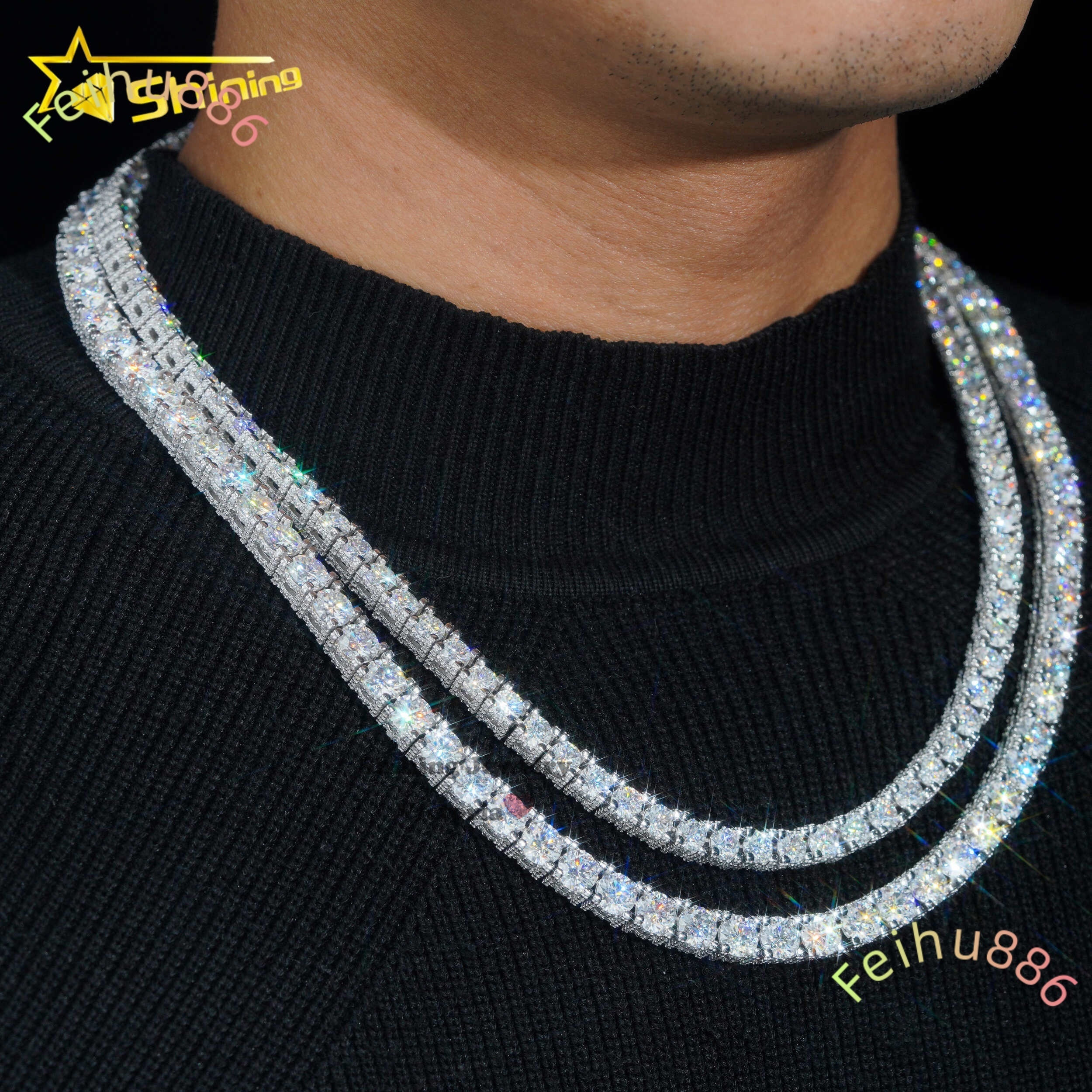 Fine Jewelry Sterling Silver S925 5mm 6mm Vvs Moissanite Diamond Necklace Hip Hop Side Iced Moissanite Tennis Chain