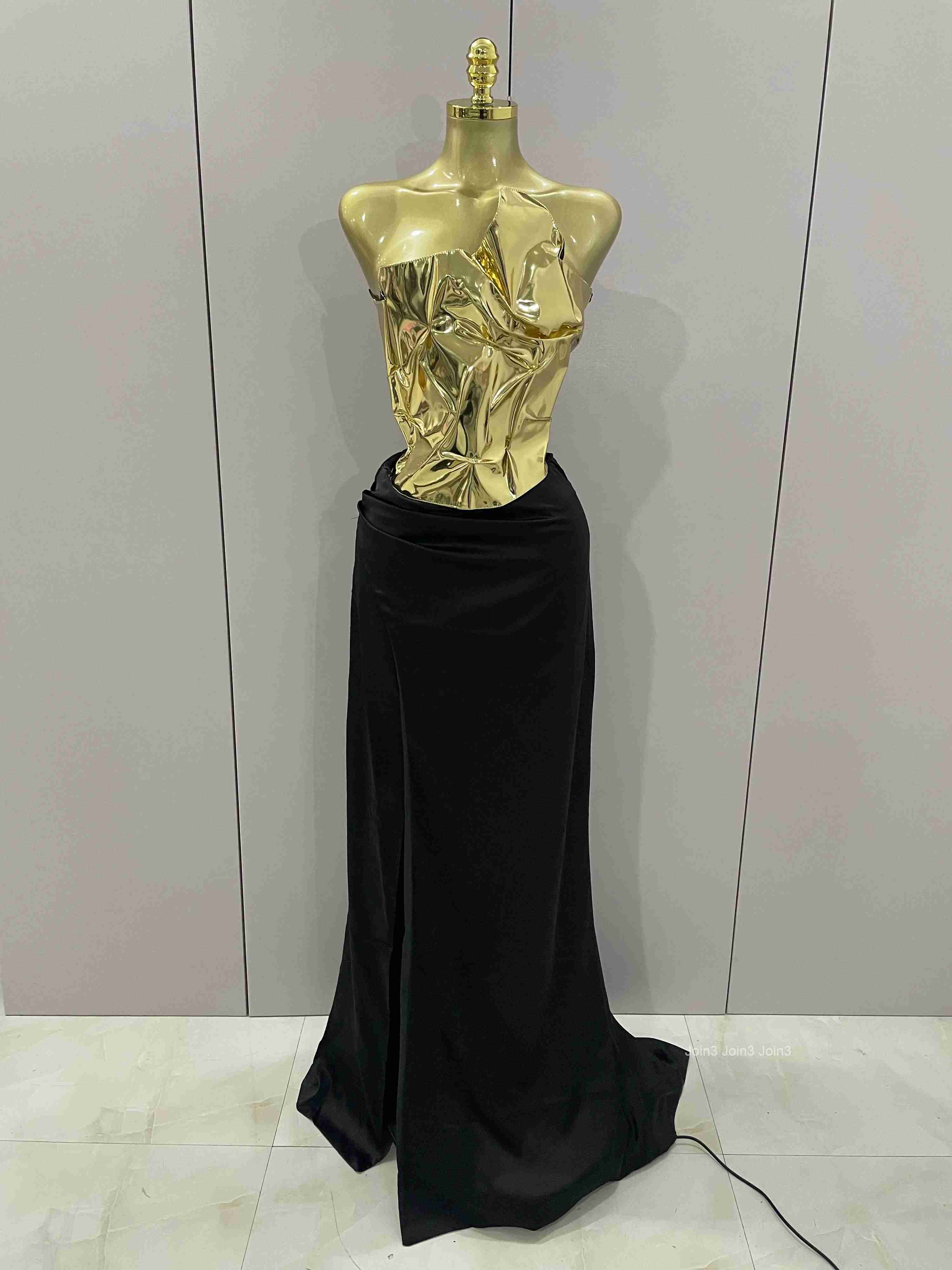 New Arrival Gold Color Sexy Laced-up Tops 2 Pieces Set Long Dress Women Celebrate Evening Party Celebrity Elegant Dress
