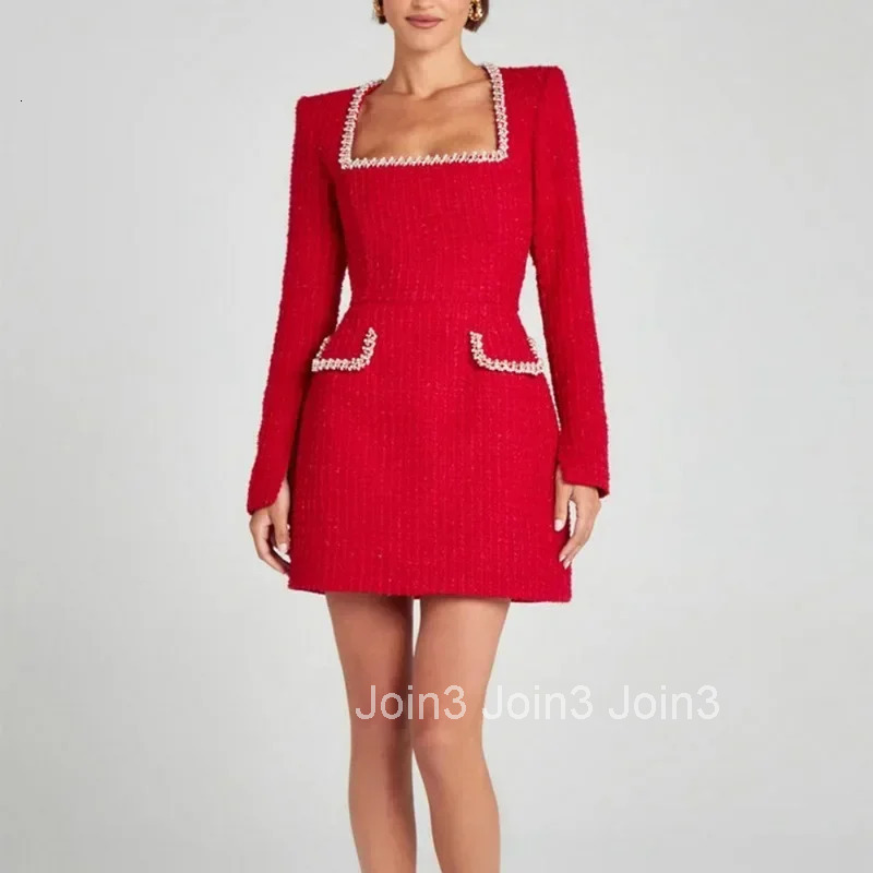 Talenza Long Sleeve Tweed Dress Womens Elegant Square Neck Luxury Party Evening Gown Retro Slim Patchwork Short Dress Vestido