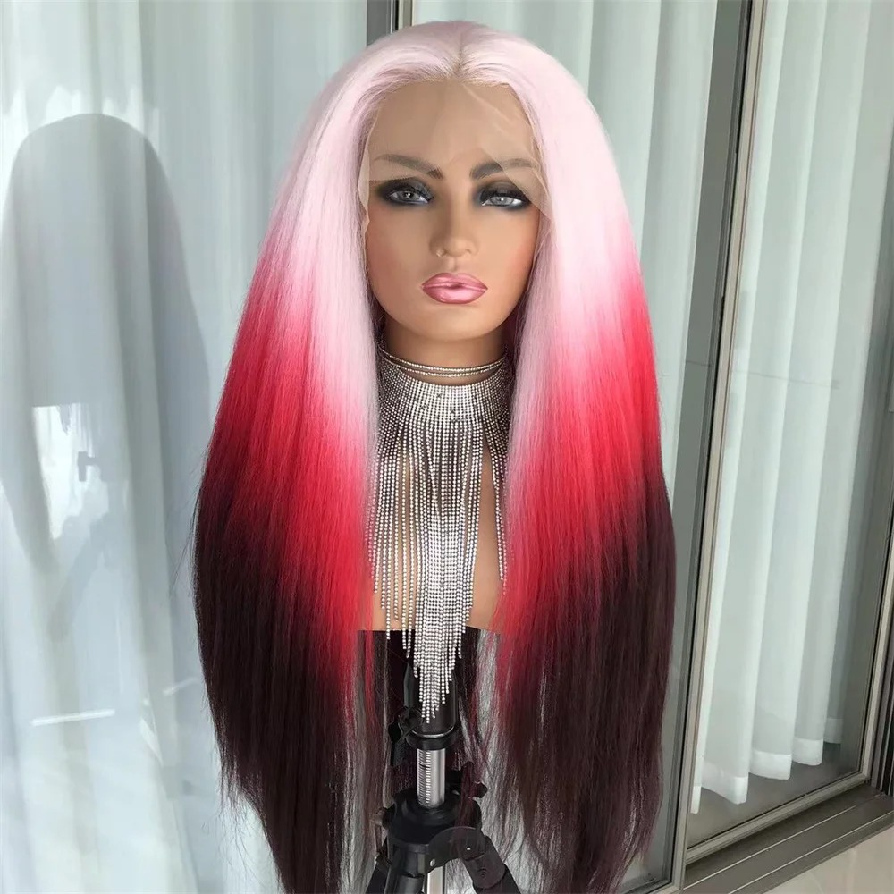Straight Ombre Pink Red Lace Front Wig 13x4 HD Pre Plucked Lace Wigs Ready To Wear for Women Highlight Blonde Straight Cosplay Wigs Synthetic