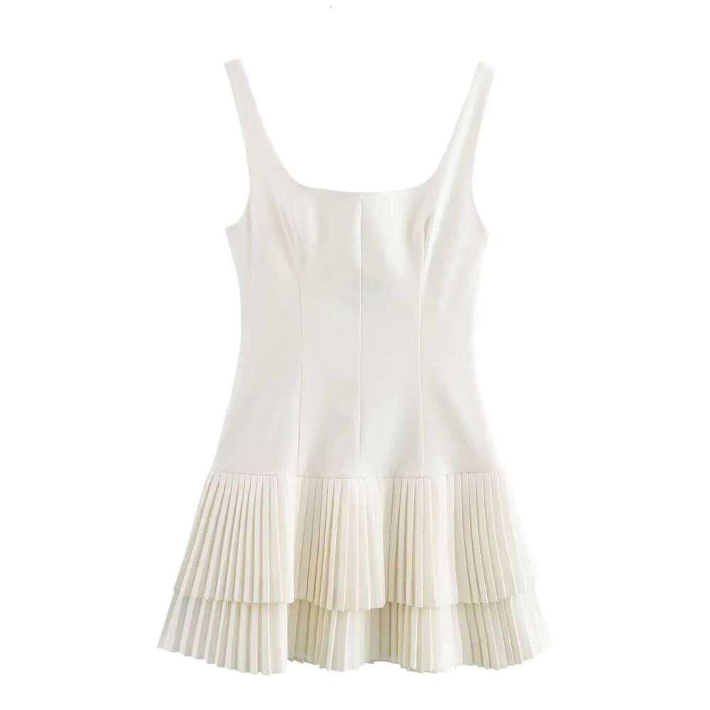 Designer Clothing 2025 TRAFZA Women Fashion Square Collar Sleeveless Solid Mini Female Summer Pleated Chic High Street Slim Short Dress