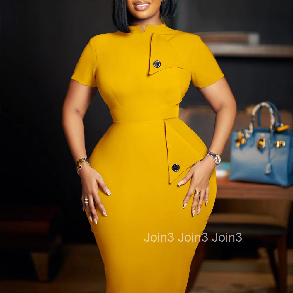 Elegant Office Dresses for Women O Neck Short Sleeve Buttons Sheath Package Hips Mid Calf Professional Business Work Wear Dress