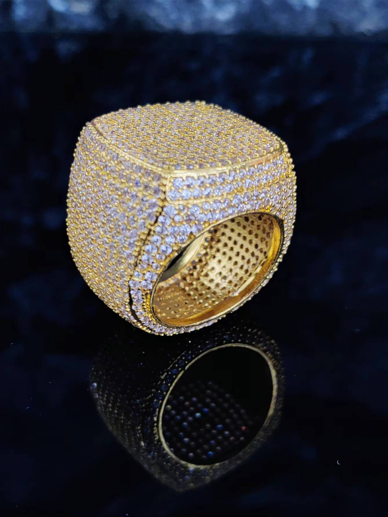 Hip Hop Large Square Ring Fashionable Personality Trendy Full Diamond Copper Inlaid