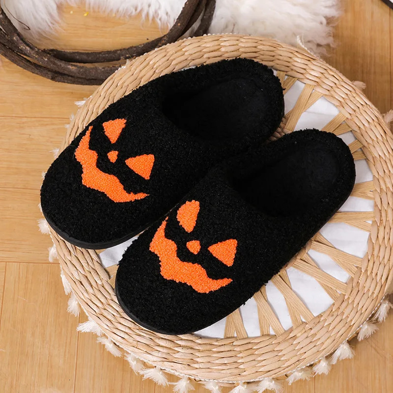 Cozy Halloween Pumpkin Slippers Women Soft Plush Non Slip Indoor Cotton Slides Woman Keep Warm Comfortable Winter House Slippers 250731