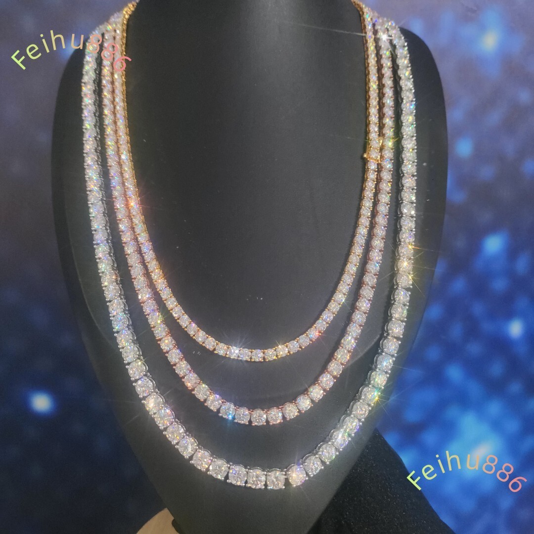 4mm Hip Hop Style Hand-Set VVS Moissanite on 925 Sterling Silver Tennis Chain Iced out Necklaces