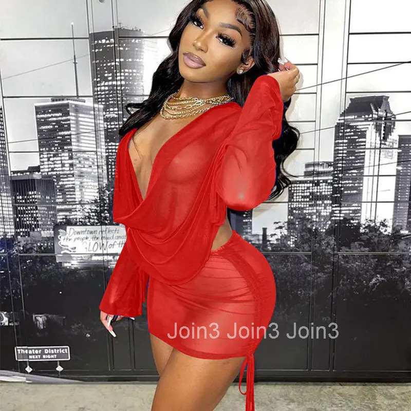 Sexy Women Tulle Backless Dress Transparent Deep V Slim Party Mini Dress Nightclub Dance Elegant Long Sleeve Bodycon 2-piece Set