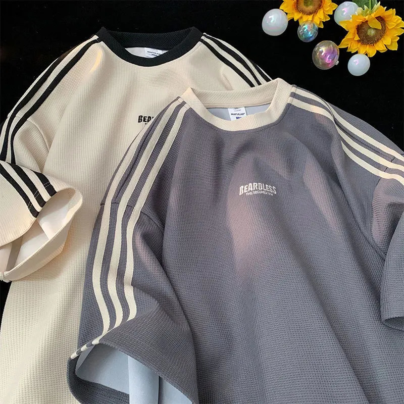 Waffle t-shirt mens summer loose casual striped sports top small neckline simple short sleeve t-shirt top 250806