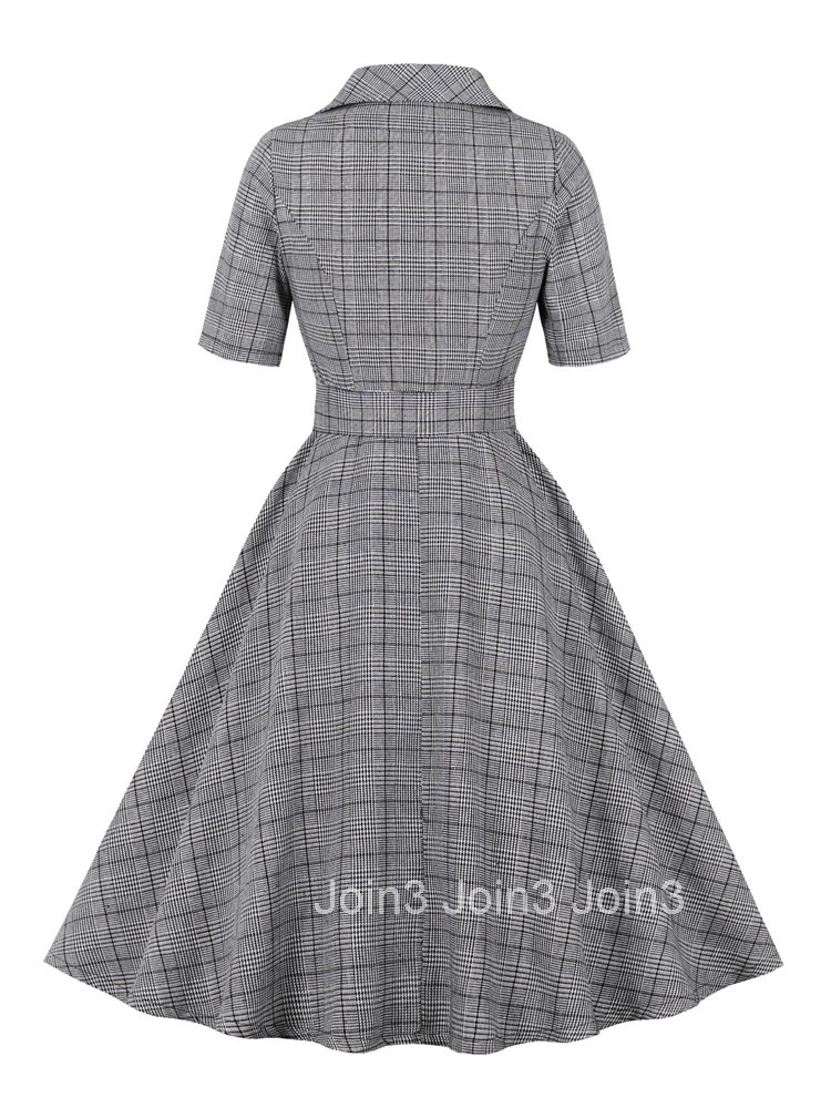 Elegant Vintage Half Sleeve Pocket Swing Dress Turn Down Collar Button Up Clothes for Women Spring 50s Summer Plaid Dresses