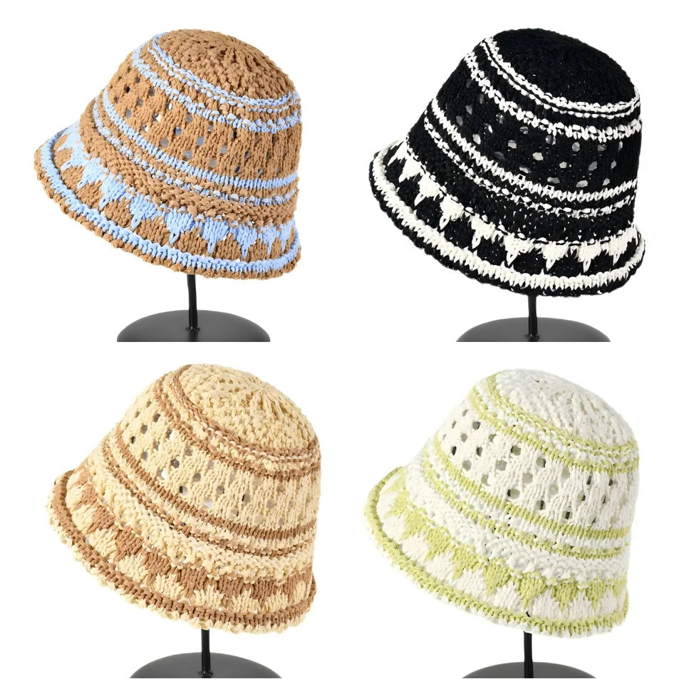 2025 Summer Striped Solid Hollow out Bowl Hats for Womens Casual Korean Foldable Sun Hat Bucket Hat Panama Travel Cap 250805