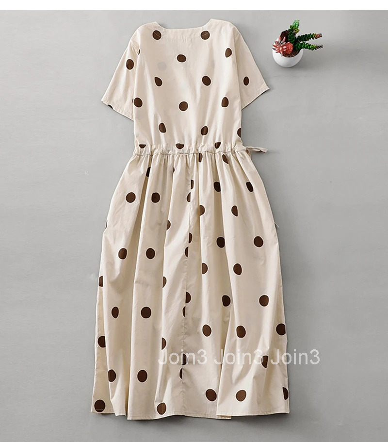 Dot V-neck short-sleeved simple cotton dress women summer new Japanese temperament elegant loose drawstring casual dresses