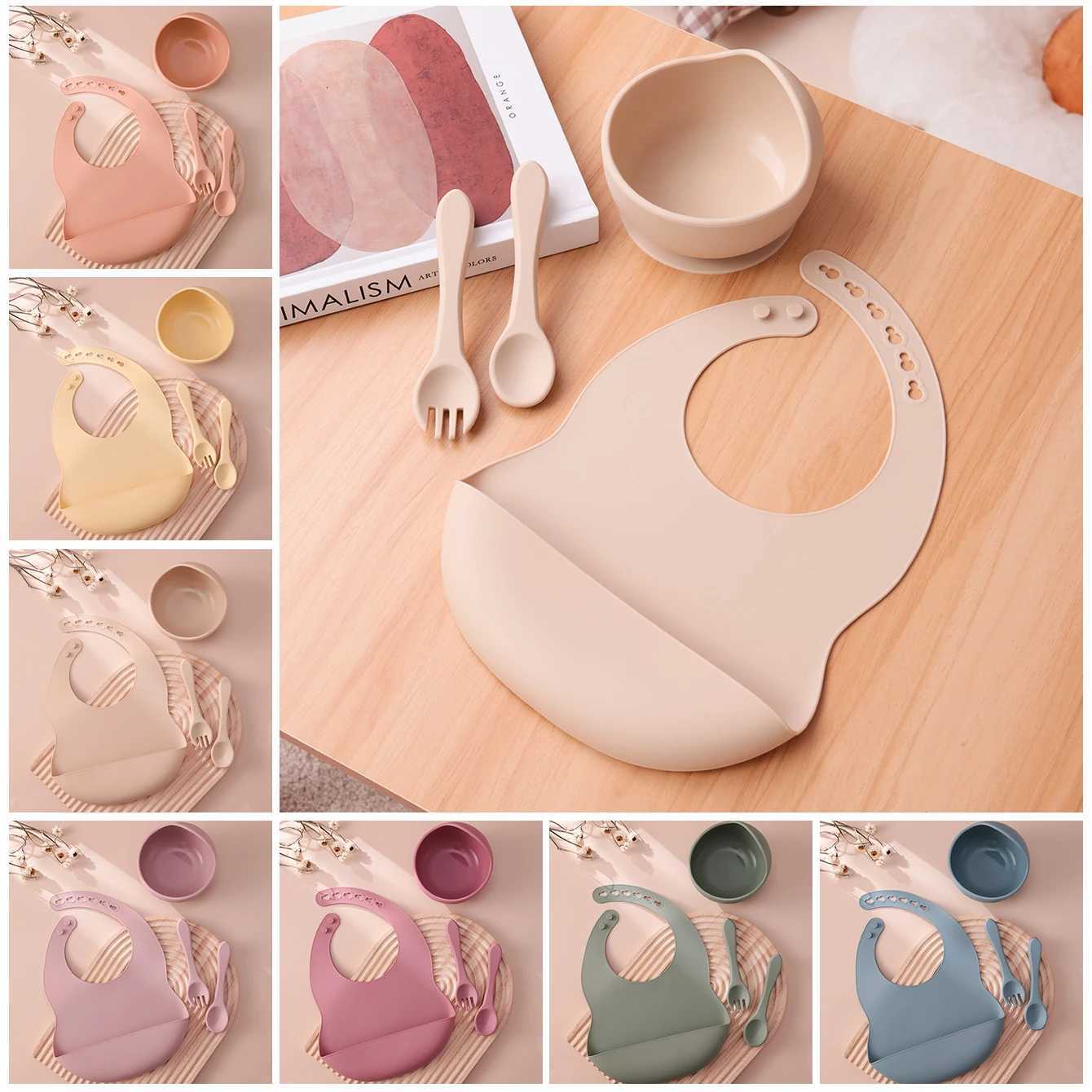 4PCS Color Kids Silicone Baby Feeding Set With Spoon Bib Suction Bowl BPA Free Toddler Training Spoon Fork Tableware Baby Supplies X250806