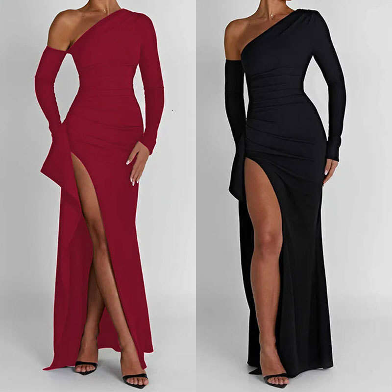 Spring New Women's Solid Color Sexy Waist-Cinching Long Sleeve Asymmetrical Shoulder Split Dress 661 B5
