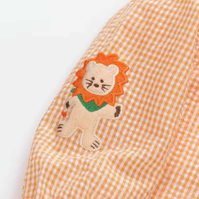 Autumn Girls Orange Plaid Blouse Shirt Cute Cartoon Bear Lion Embroidery Boy Long Sleeve Layering Casual Top for Toddler Kids X250806