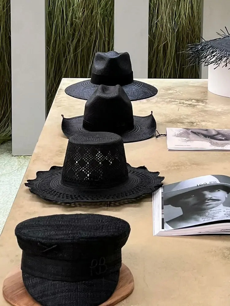 Fashion Beret RB Letter Military Hats For Women Casual Travel High Quality Black Raffia Straw Flat Top Hat Baseball Cap 250806