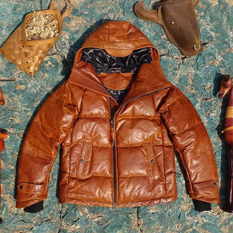 Hooded Oblique Zipper Horseshoe Sleeves Imported Wax Beeswax Color To Make Old Horse Leather Mens Down Jacket. W250806