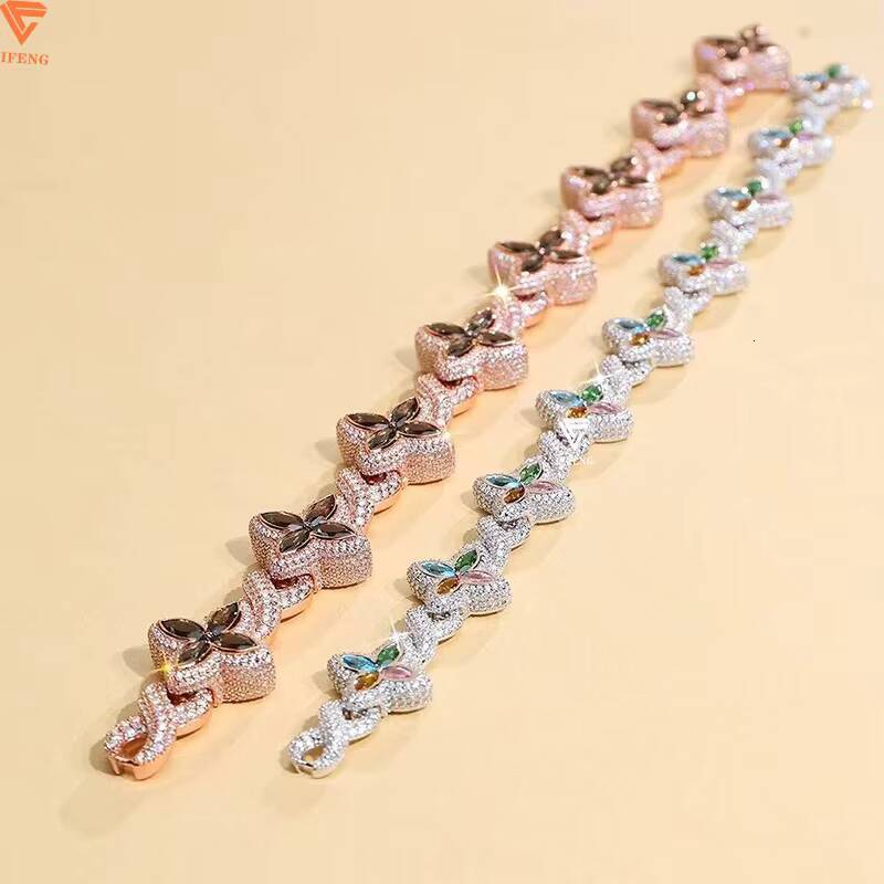 925 Silver Cuban Link Bracelet with Multiple Flower-Shaped Bracelet Moissanite Marquise Cut Colorful 925 Silver Chain Jewelry