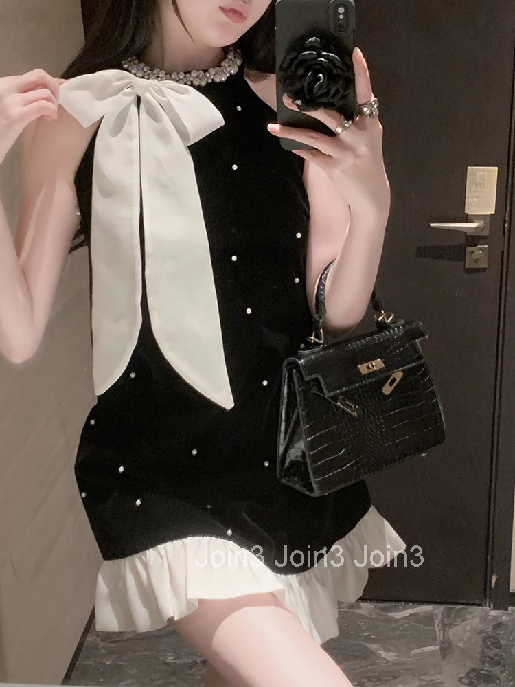 Elegant Dresses Women Sweet Fashion Bow Halter Beaded Vintage French Style Chic Sexy Mini Dress Patchwork Female