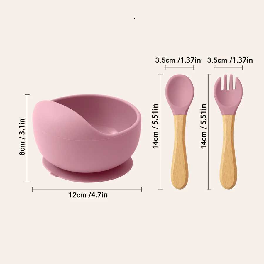 Color Kids Baby Silicone Feeding Bowl Set Food Grade Dishes Plate For Kids Wooden Handle Spoon Fork Training Baby Supplies X250806