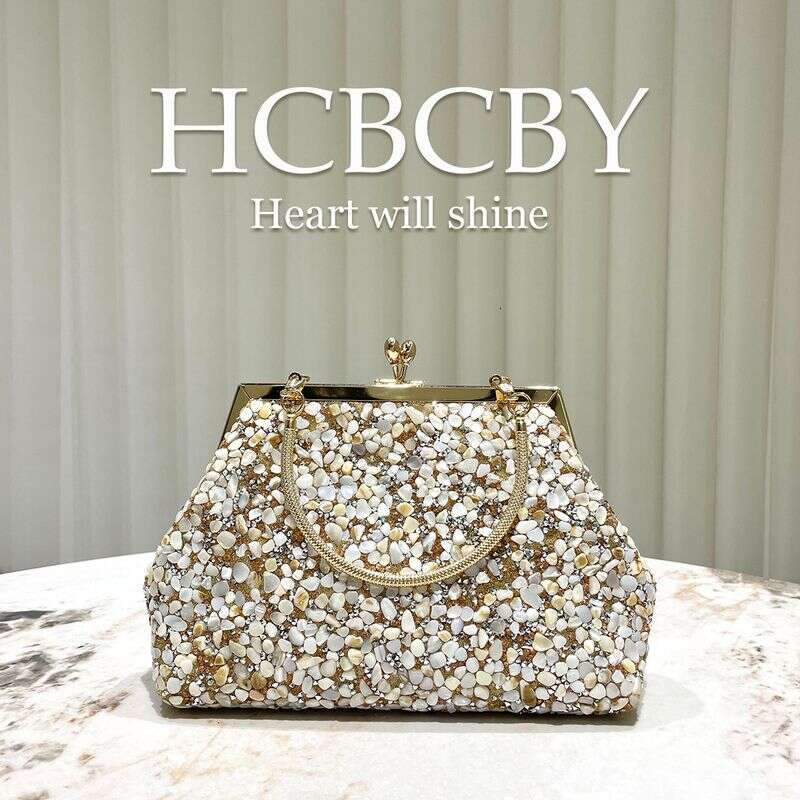 Gold Stone Shell Decorated Handbag Women's Fashionable Elegant Evening Clutch Dress Bag