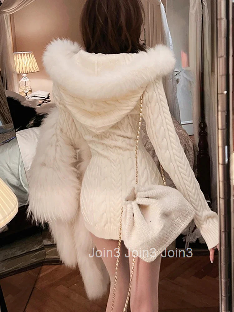 Winter Knitted Sweater Dress with Hooded Women Slim Bodycon Y2k Mini Dress Faux Fur Female One Piece Dress Korean Elegant