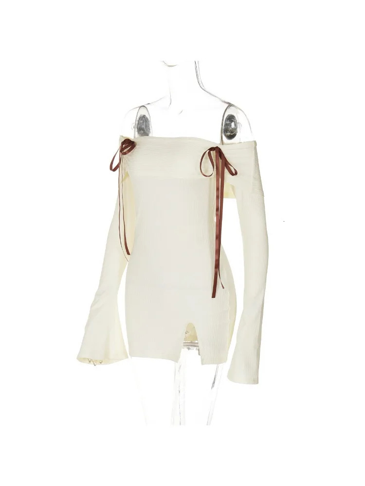 Sexy Off Shoulder Ribbed Knitting Split Bodycon Dress Women Bowknot Tie Skinny Mini Dress Elegant Club Party Vestidos